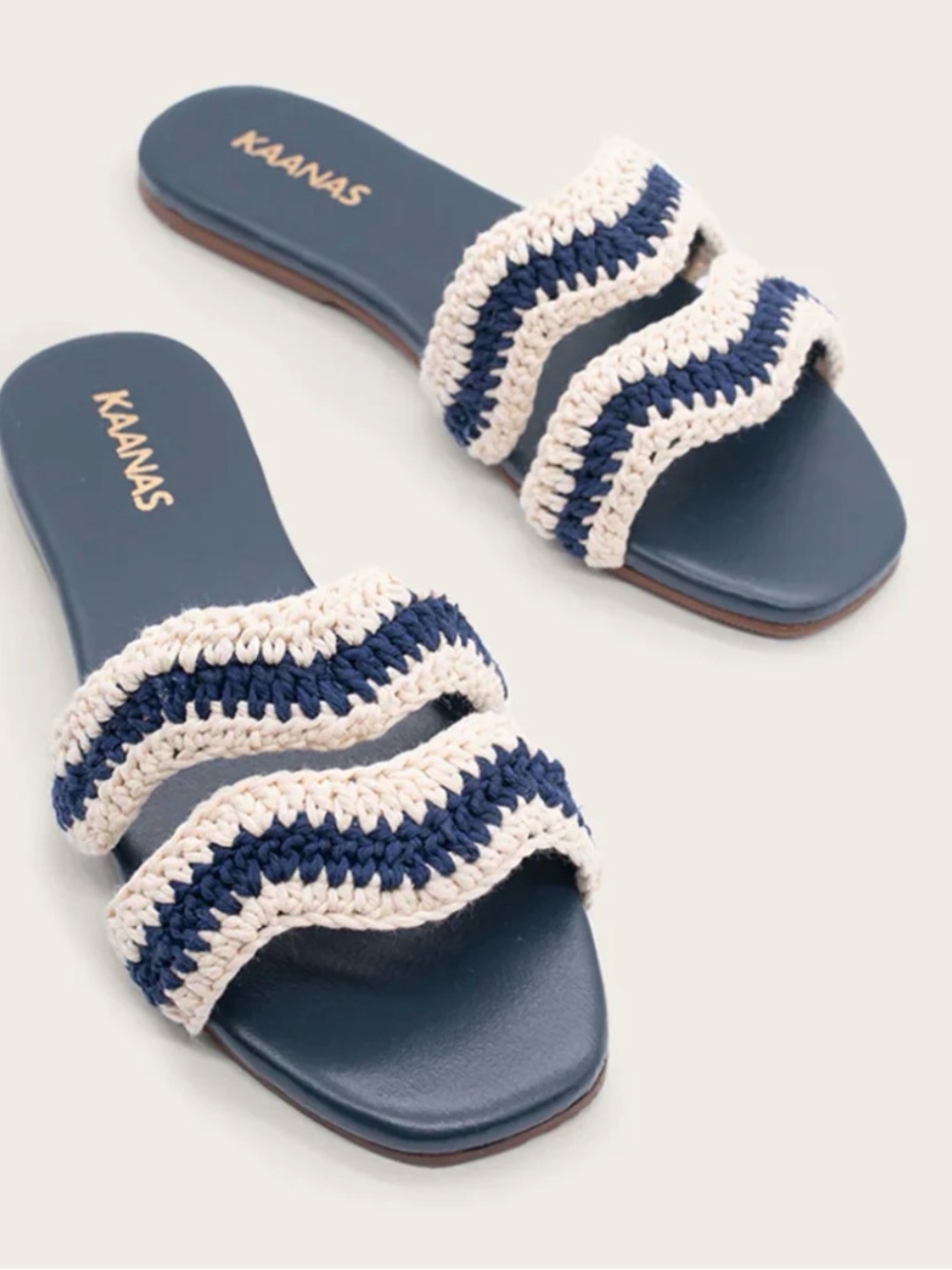 Kaanas Tansy Navy and Cream Crochet Double-Strap Slide Sandals